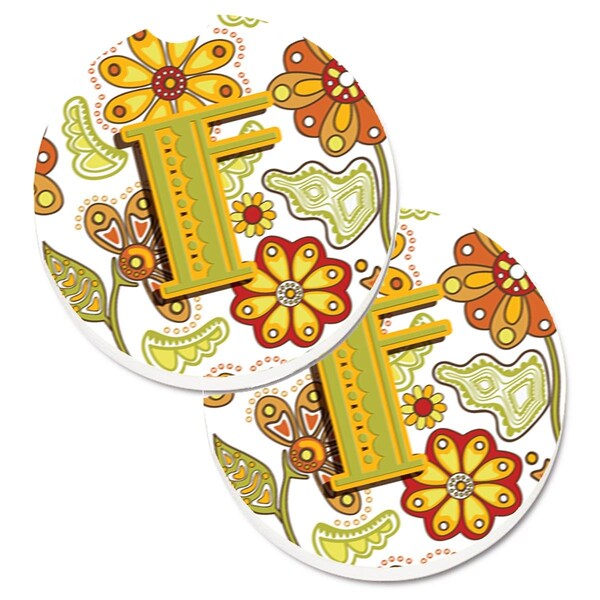 Carolines Treasures Letter F Floral Mustard and Green Set of 2 Cup Holder Car Coaster CJ2003-FCARC - main